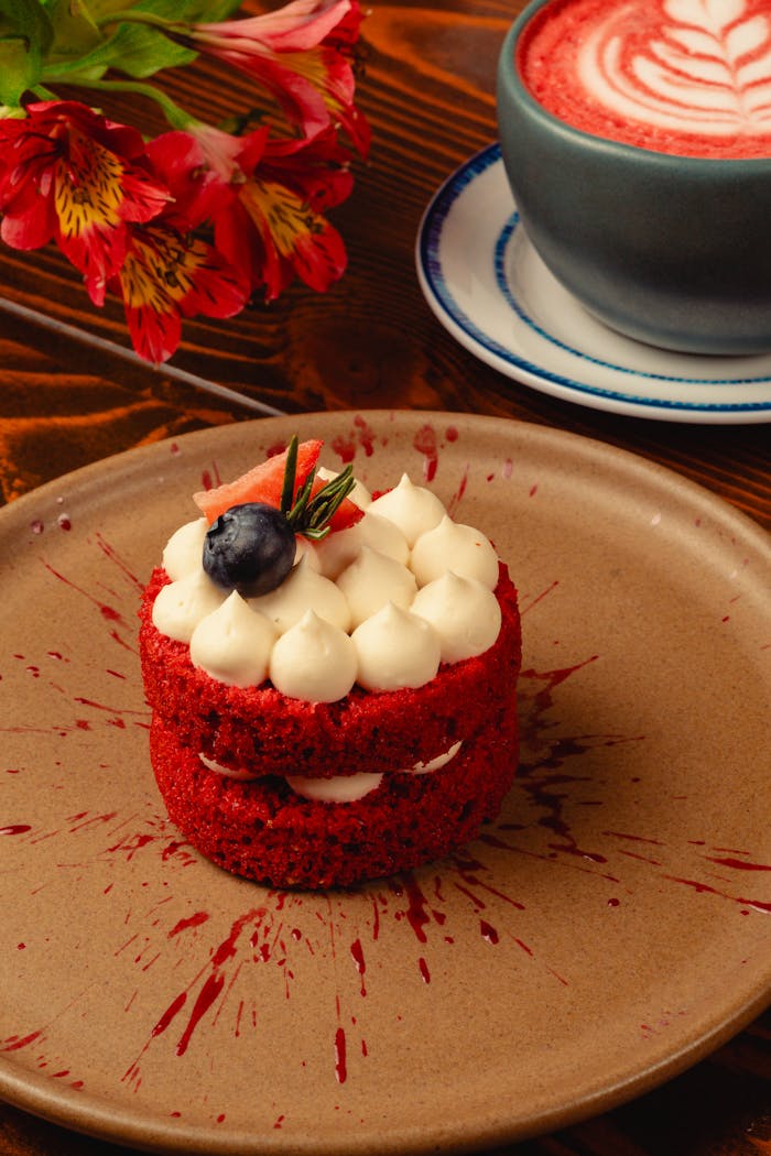 Artistic red velvet cake topped with fruits, paired with a latte in a cozy cafe atmosphere.